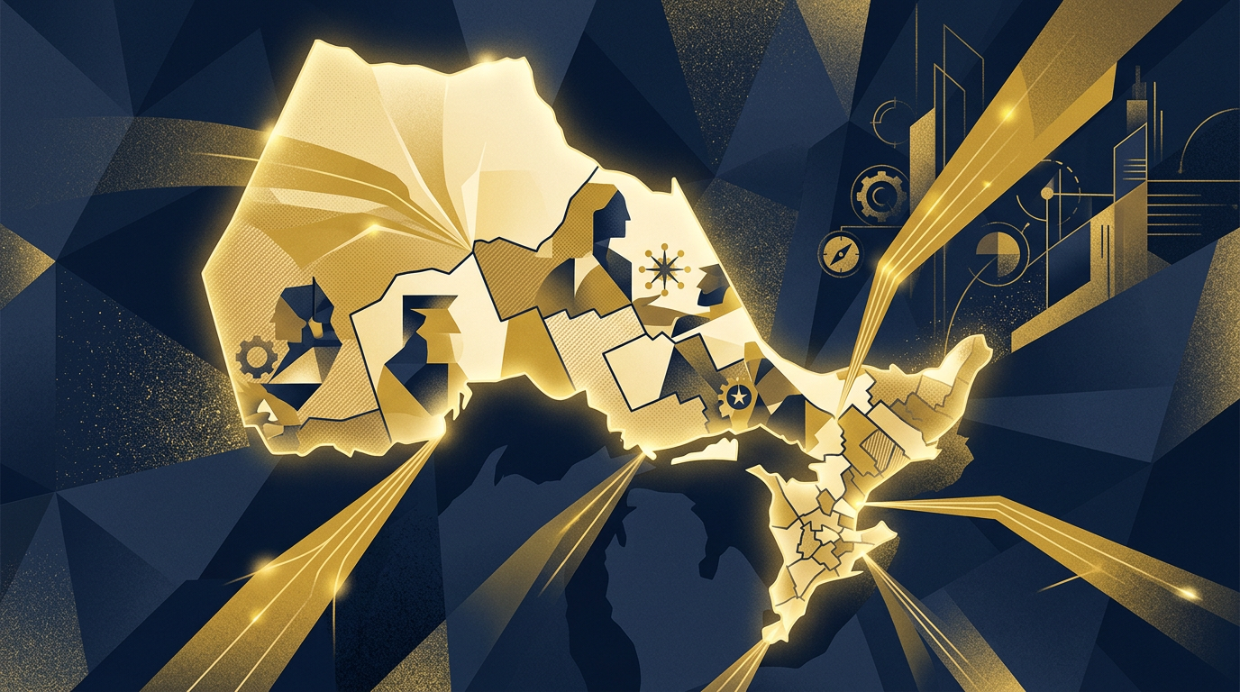 An abstract, professional illustration featuring a stylized map of Ontario in deep navy and gold, with lines and shapes radiating outwards, symbolizing new immigration pathways. Geometric figures subtly represent skilled workers and opportunities.