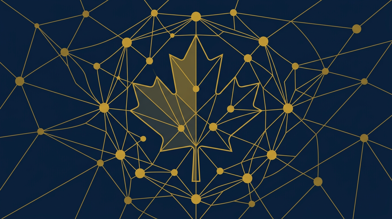 An abstract illustration in navy and gold featuring a stylized Canadian maple leaf integrated into a complex network of lines, representing policy and assessment criteria for immigration.