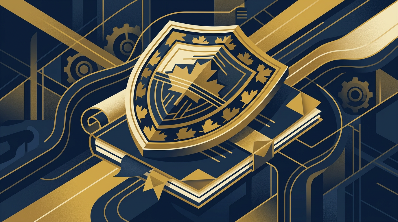 An editorial illustration showing a protective shield adorned with subtle maple leaf patterns, guarding official immigration documents, rendered in deep navy and gold.
