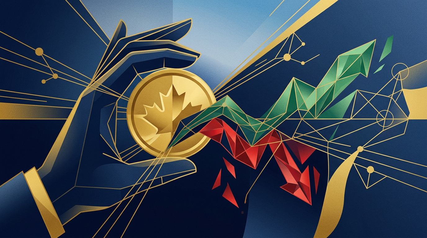 An abstract illustration depicting a hand holding a Canadian dollar coin, with financial graphs and lines in shades of deep navy and gold, symbolizing payroll deductions and financial adjustments.