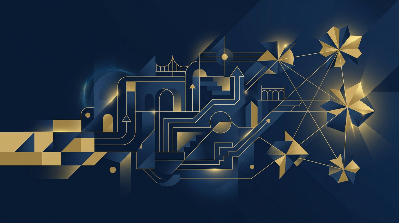 Abstract illustration with interconnected geometric shapes in deep navy and gold, symbolizing pathways and opportunities in immigration.