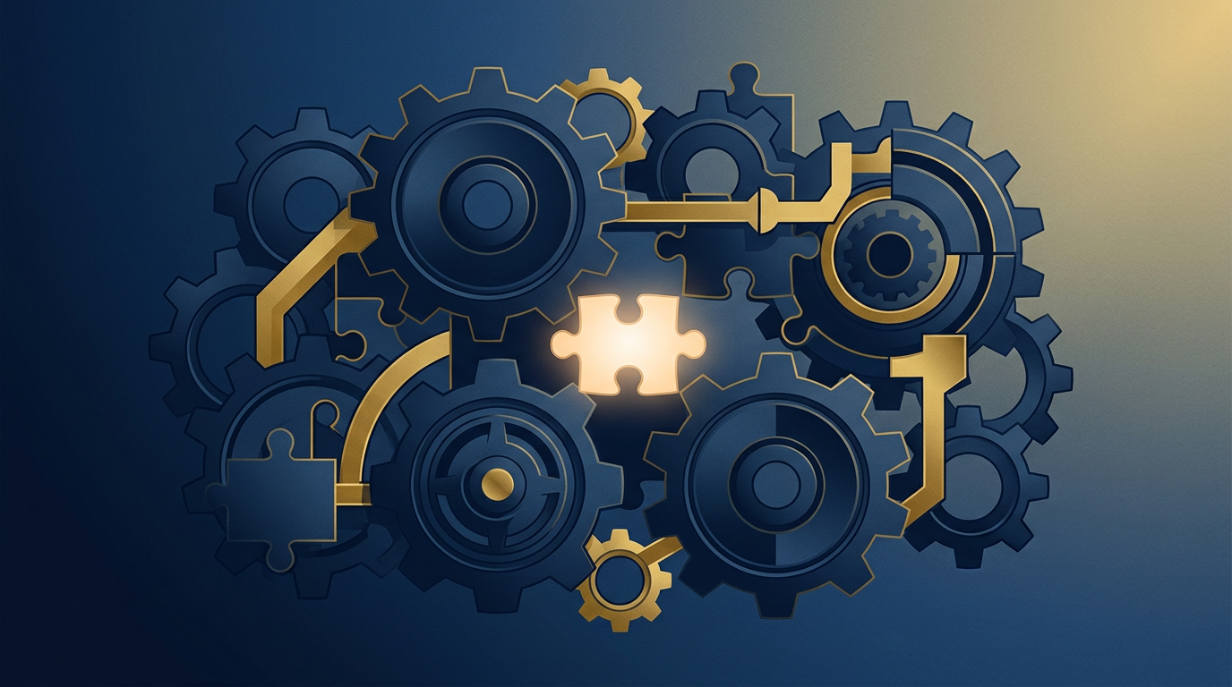 An abstract illustration in deep navy and gold, showing stylized interlocking gear cogs, representing policy adjustments and opportunities within the immigration system.
