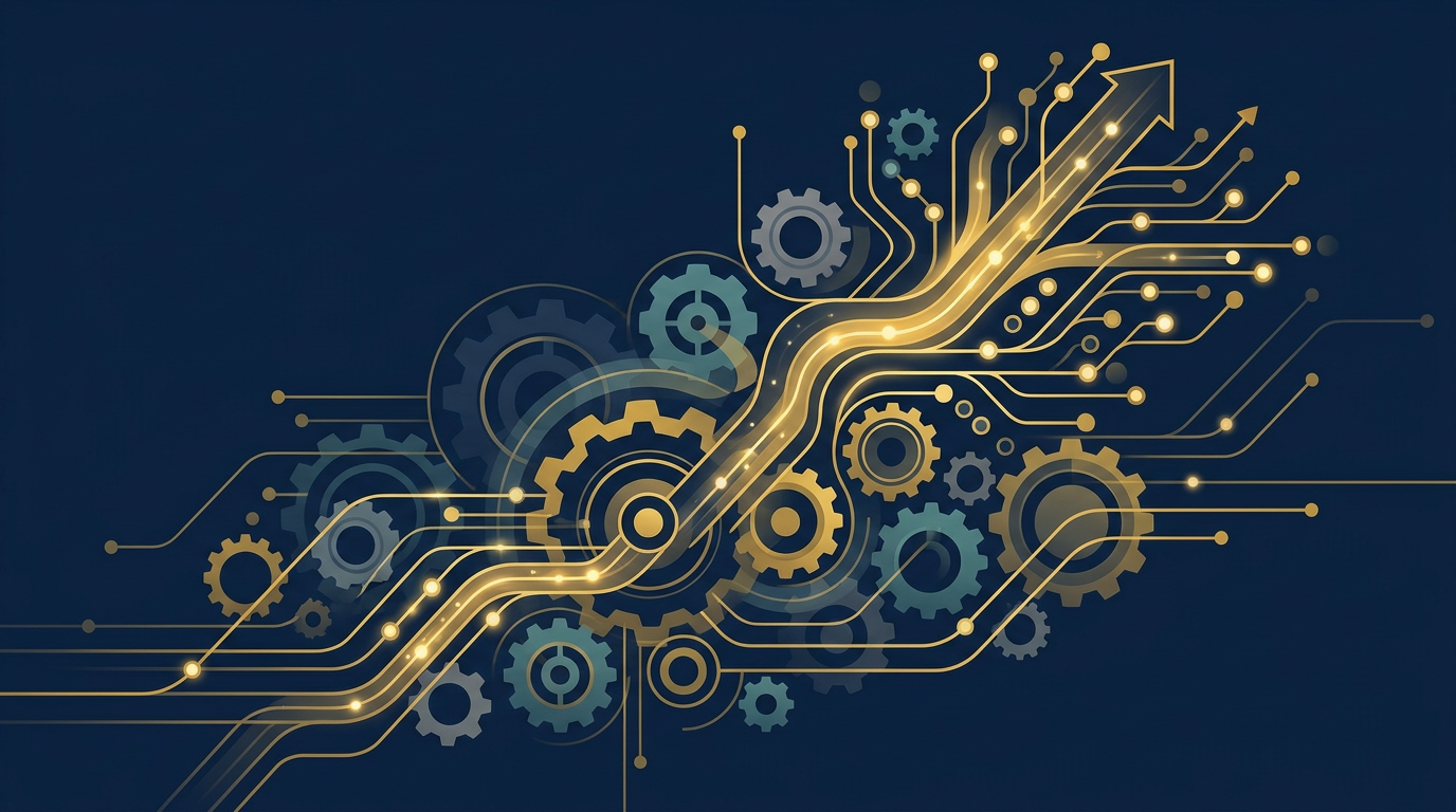 Abstract illustration of glowing pathways and interconnected gears in deep navy and gold, symbolizing a dynamic and opportunity-rich labour market.