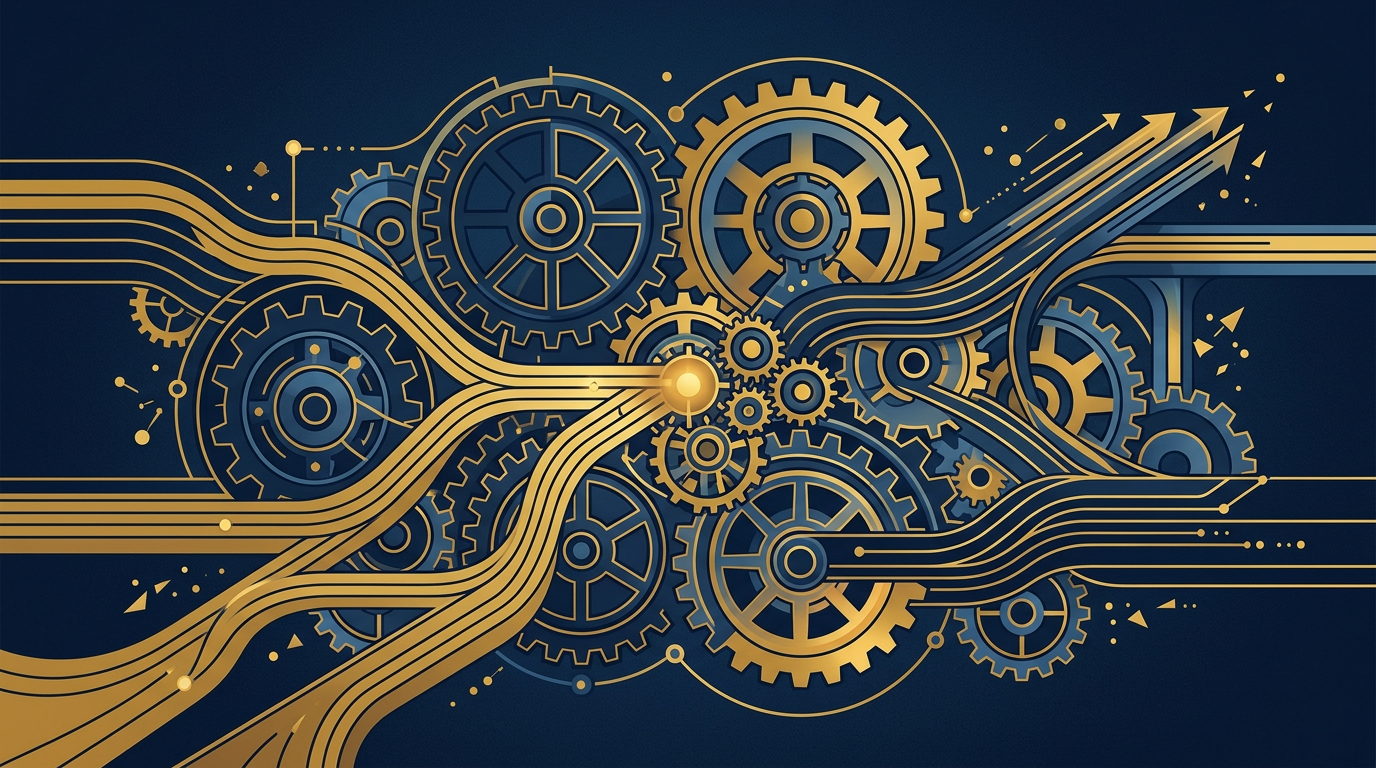 Abstract illustration of interconnected gears and pathways in deep navy and gold, symbolizing Canadian immigration processes and strategic connections.