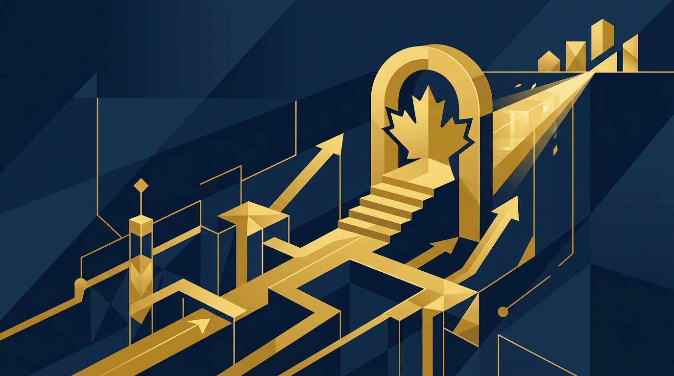 An abstract illustration in deep navy and gold, showing interconnected pathways or a golden key, symbolizing opportunities in Canadian immigration. No text or people are visible.