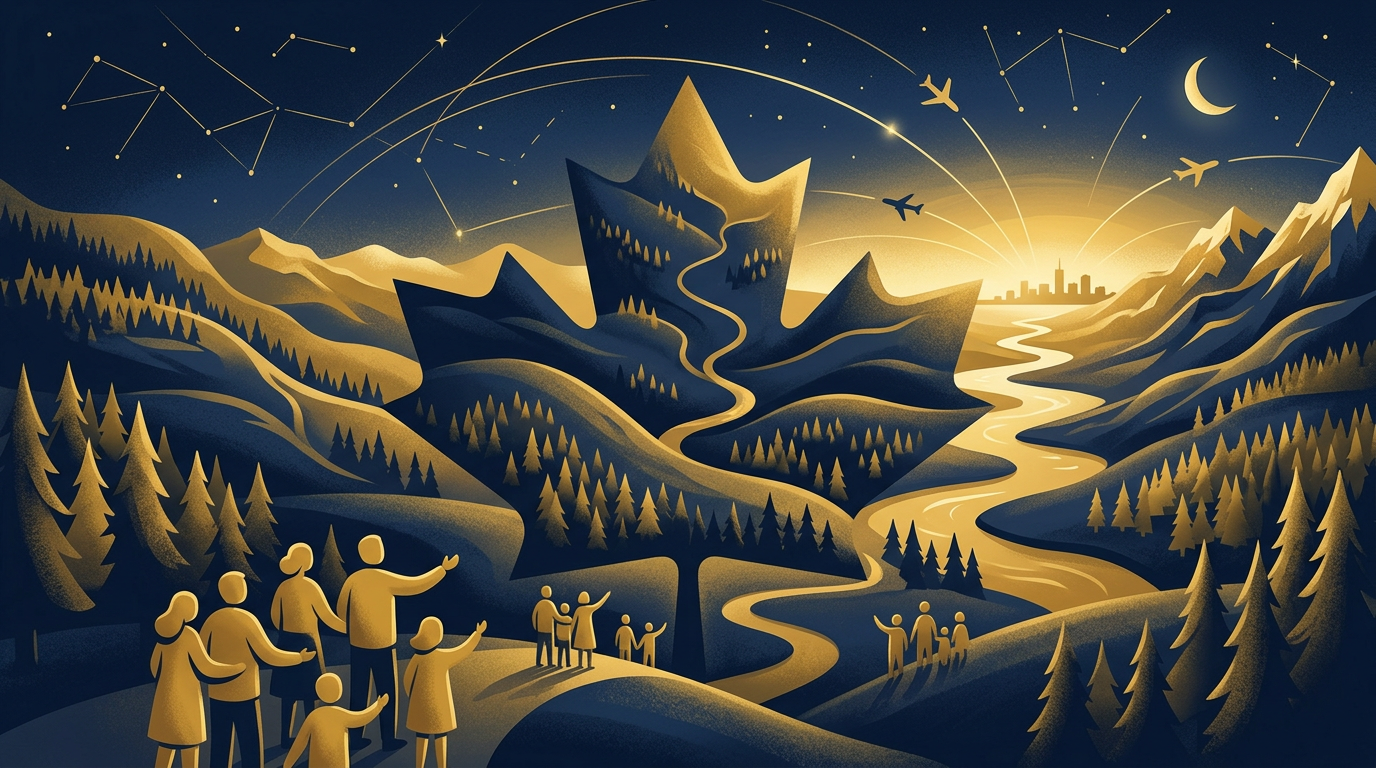 An artistic illustration in deep navy and gold, showing a subtle Canadian maple leaf design intertwined with a pathway leading towards a serene, welcoming landscape, symbolizing family and immigration.