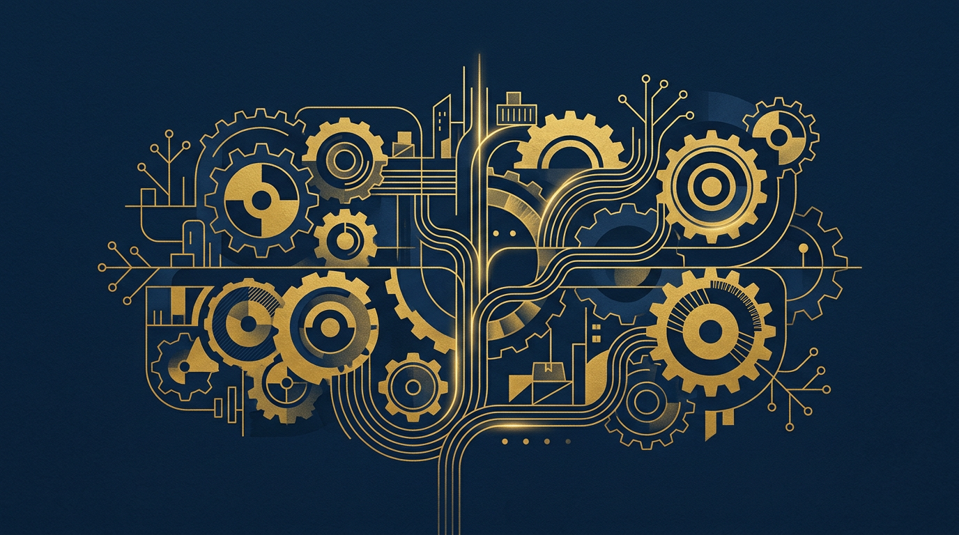 An abstract illustration in deep navy and gold showing interlocking gears, symbolizing economic connections and labor, against a calm, professional background.