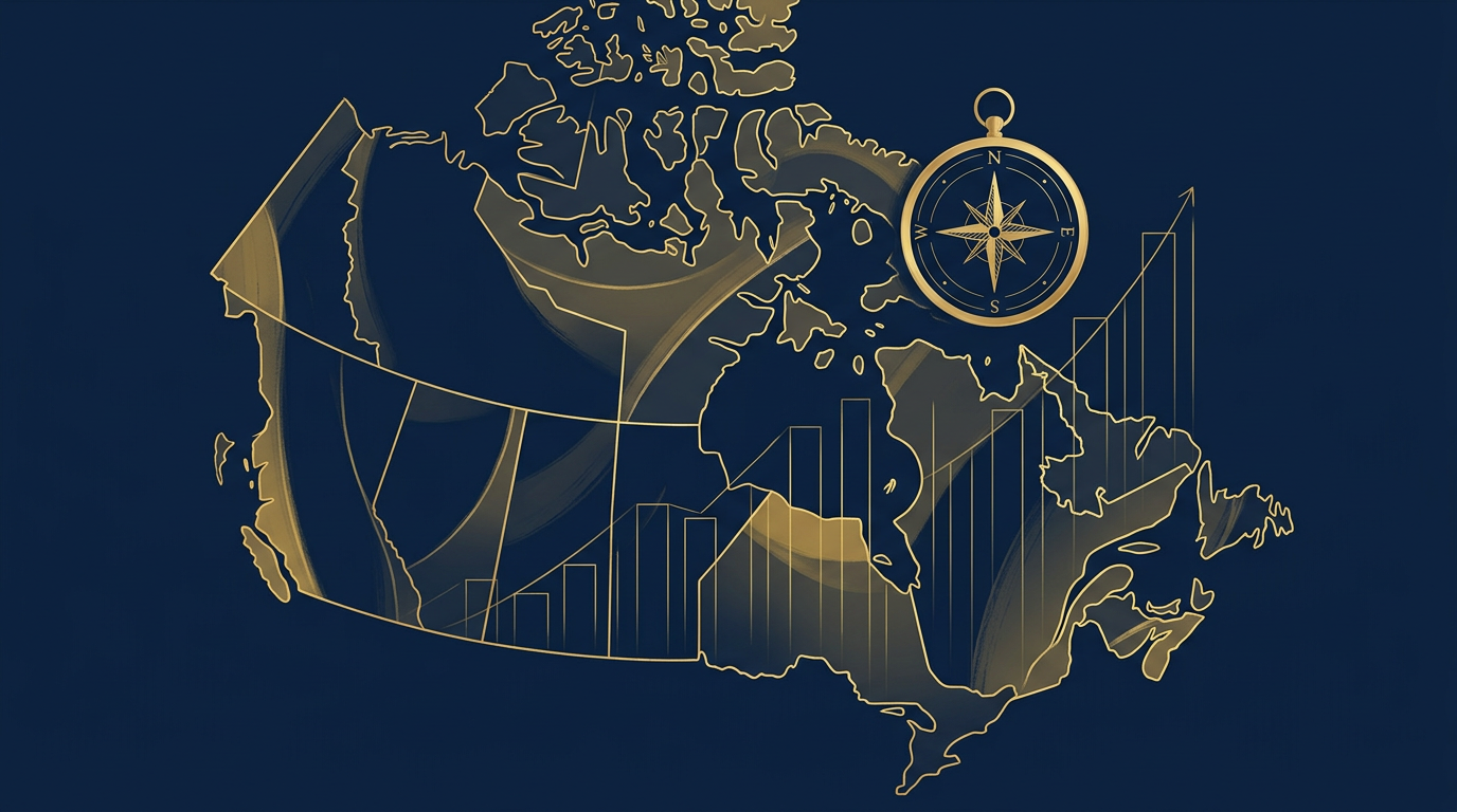 Stylized illustration of Canada's map in gold lines over a deep navy background, with subtle golden bar graphs indicating upward trends and a golden compass. Evokes immigration planning and future direction.