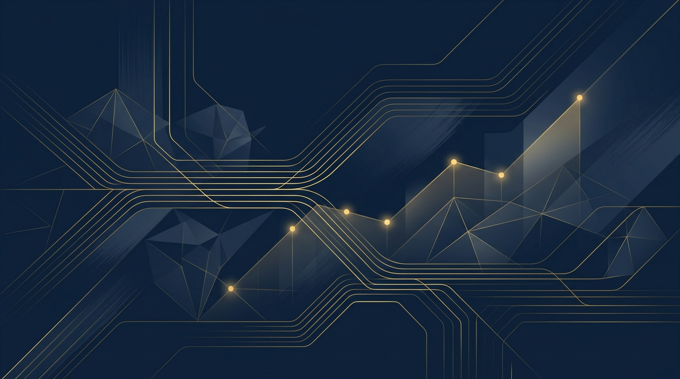 An abstract illustration in deep navy and gold, showing interconnected lines and geometric shapes, symbolizing strategic pathways and economic growth in Canadian immigration.