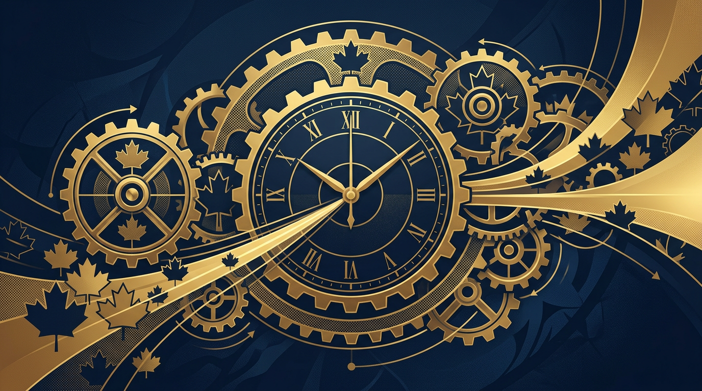 An abstract illustration depicting elements of time and process, such as intertwined gears or a subtle clock face, against a deep navy background with golden highlights, symbolizing the updated Canadian immigration processing times.
