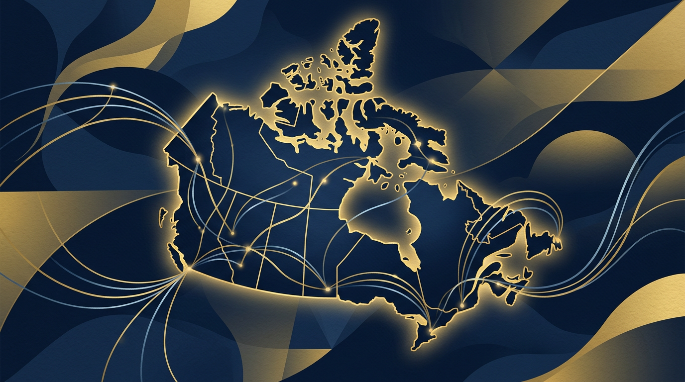 Abstract illustration of Canada's map with golden lines representing immigration pathways, set against a deep navy background.