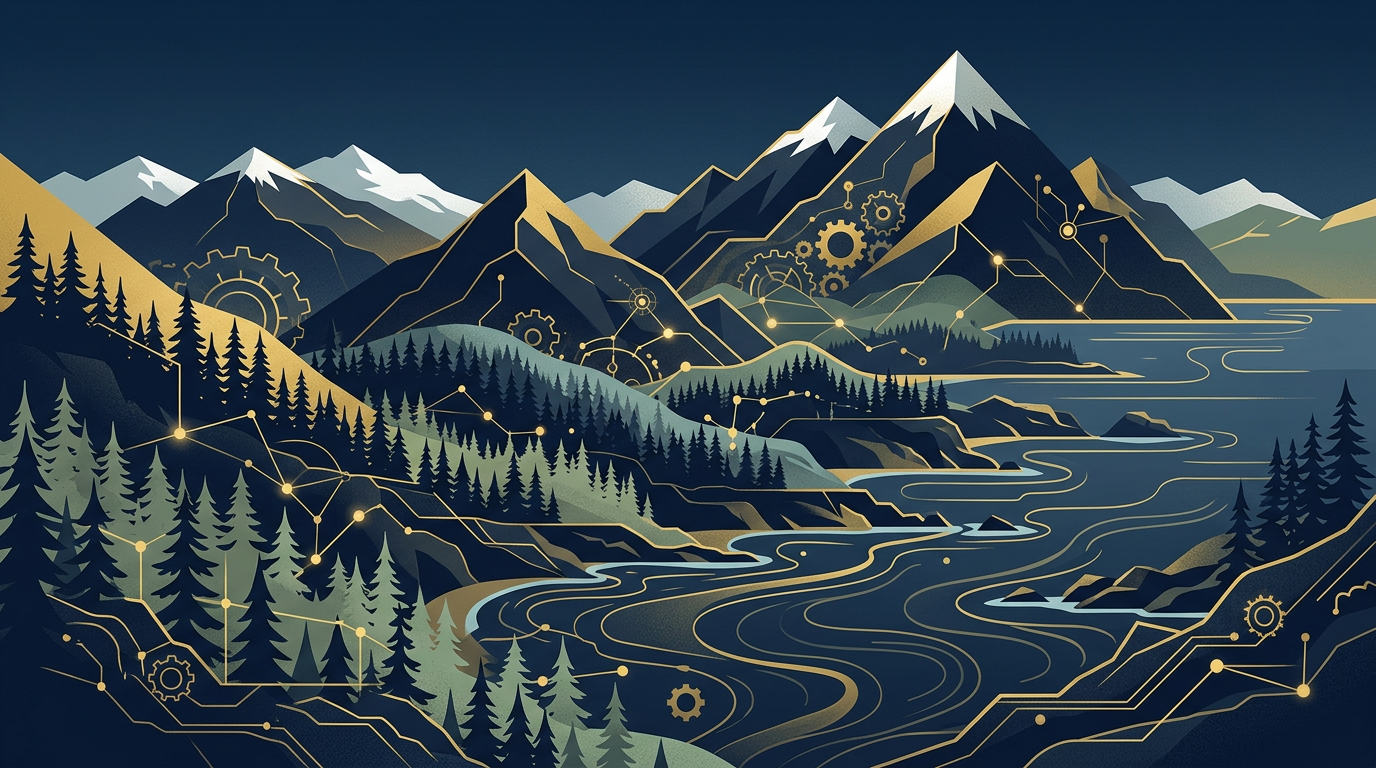 An abstract illustration showing British Columbia's natural elements like mountains and water, intertwined with subtle digital patterns and gears, all in deep navy and gold, representing regulatory changes.