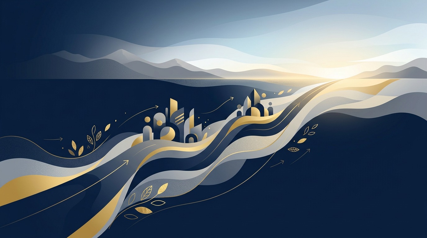 An abstract illustration in deep navy and gold, showing an upward-trending graph or a path leading to a bright horizon, symbolizing growth and opportunity in Canadian immigration.