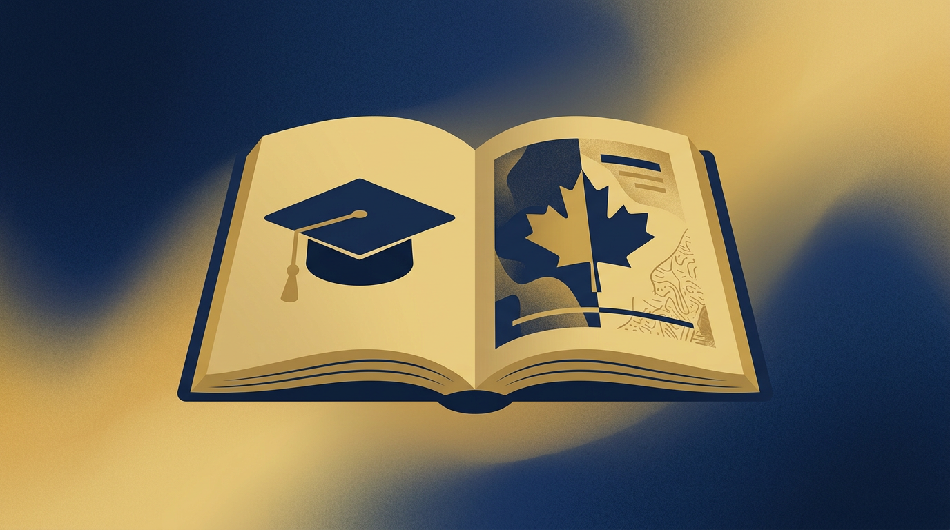 An illustration showing a graduation cap on one side of an open book and a Canadian maple leaf on the other, representing the connection between education and immigration, against a deep navy and gold background.