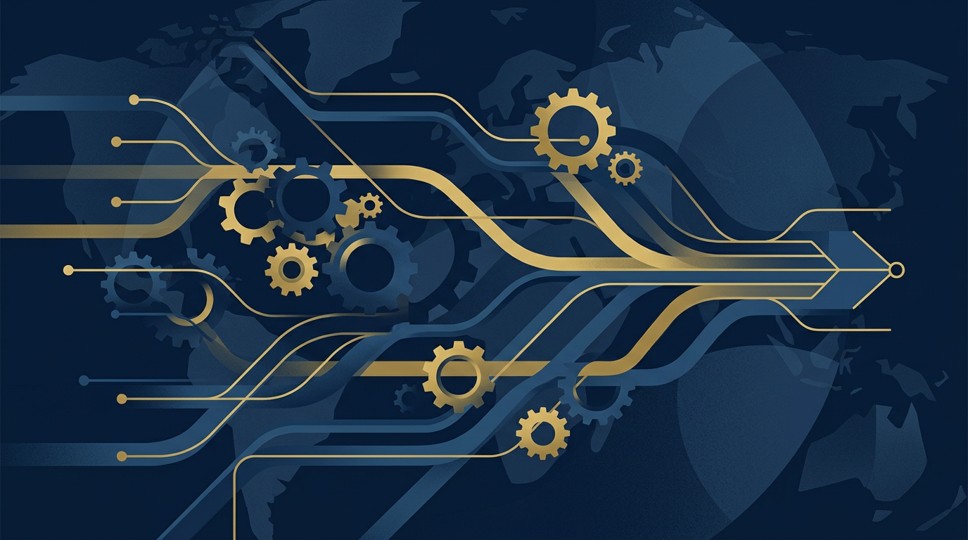 An abstract illustration featuring interconnected gears in deep navy and gold, symbolizing skilled trades and the mechanisms of immigration.