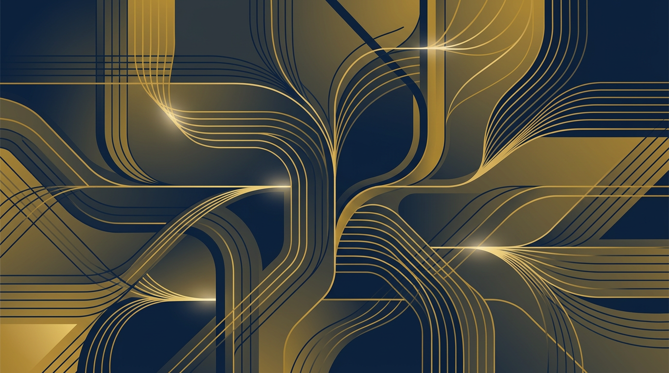 Abstract illustration in deep navy and gold, showing interconnected lines symbolizing immigration pathways and guidance.