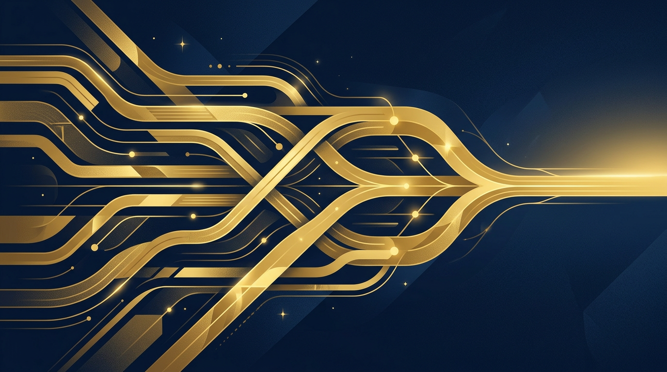 Abstract illustration depicting golden, interconnected pathways on a deep navy background, symbolizing diverse immigration routes and opportunities.