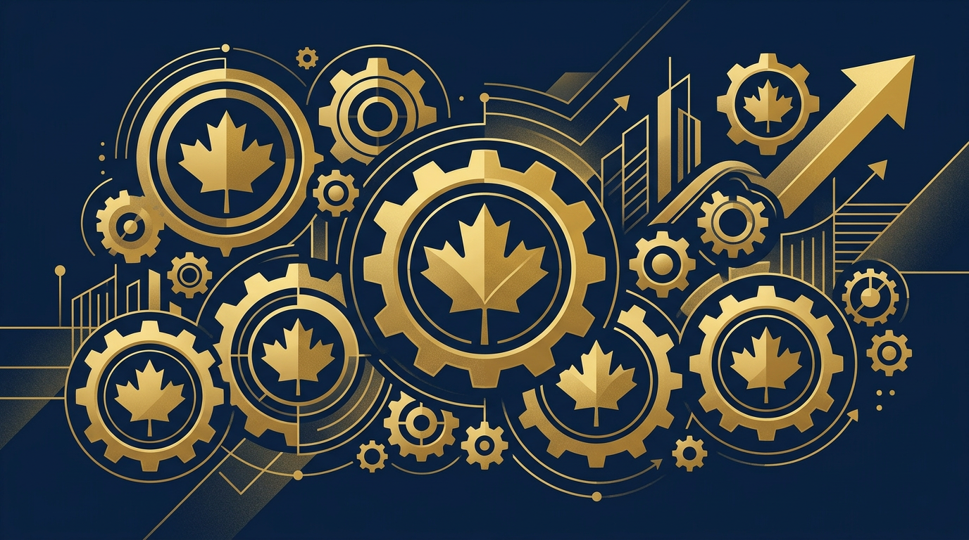 An artistic illustration featuring abstract interlocking golden gears and subtle navy maple leaf shapes, symbolizing business growth, innovation, and economic partnership in Canada.