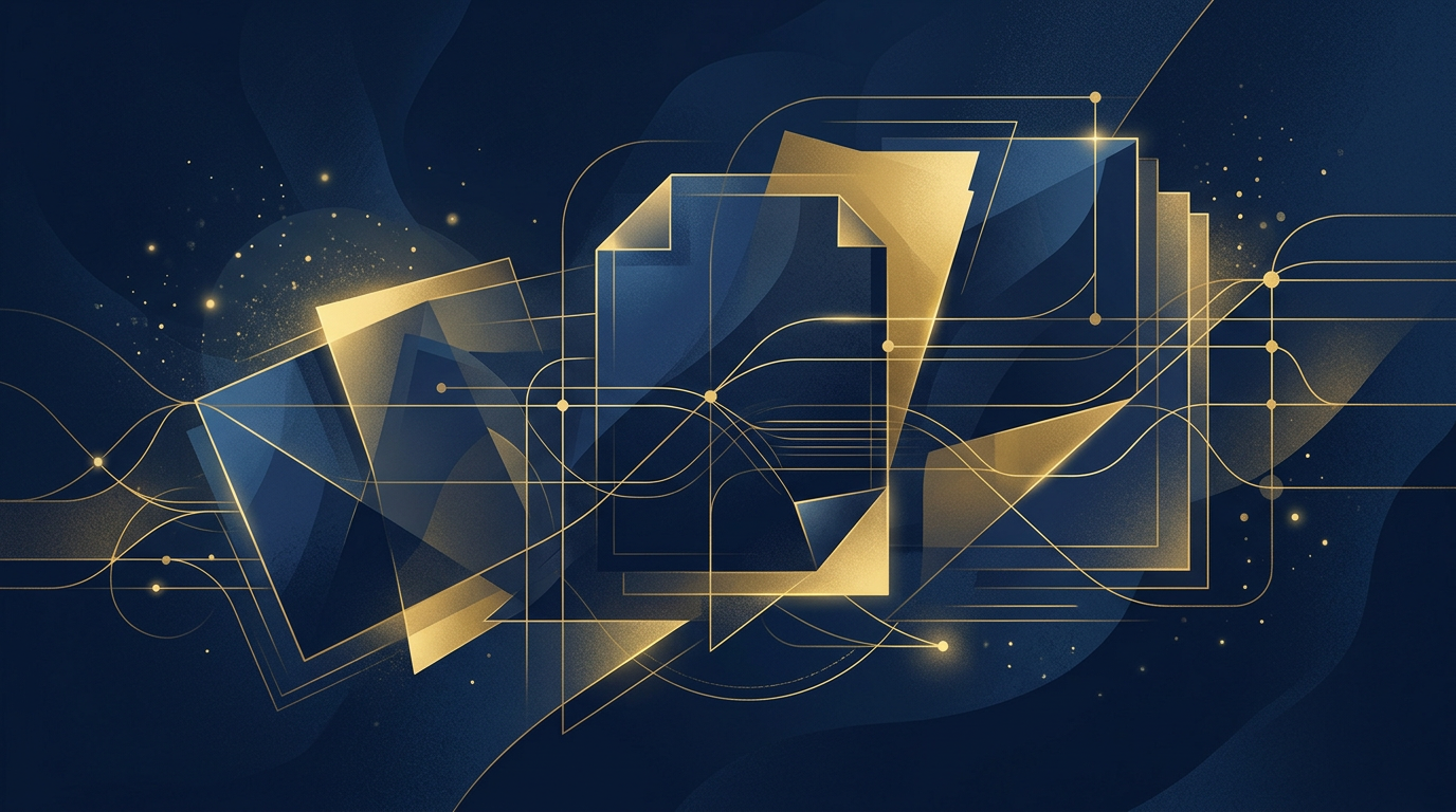An abstract illustration with deep navy and gold, featuring geometric shapes representing official documents and intertwined lines, conveying professionalism and clarity.