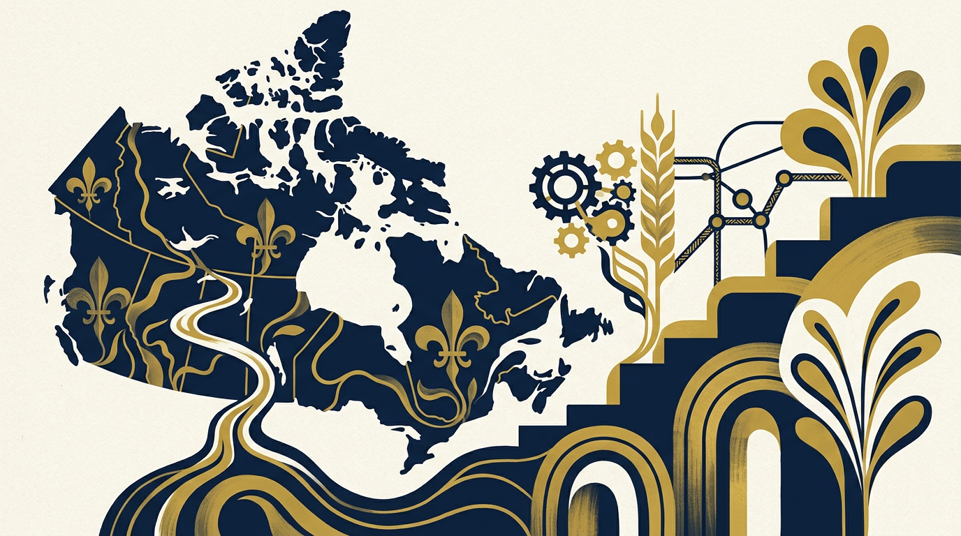 An abstract illustration depicting elements of growth and connection on a stylized map of Canada, with deep navy and gold colors, representing Francophone immigration.