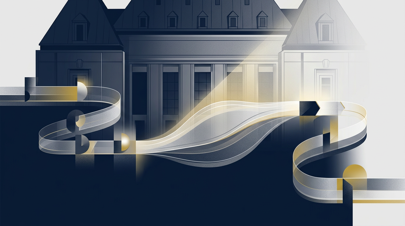 An abstract illustration in deep navy and gold, showing a stylized Canadian Federal Court building overseeing a winding, transparent timeline representing an immigration application, with a delayed segment being gently illuminated.