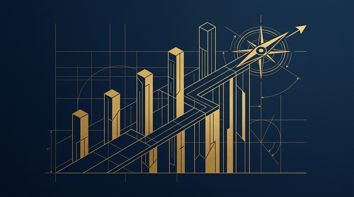 Editorial minimalist illustration in deep navy and gold representing structured pathways and strategic immigration planning.