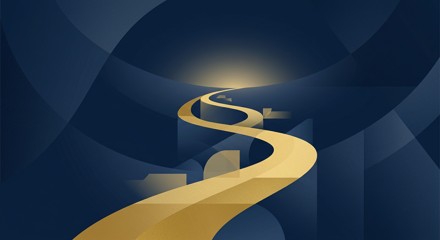 An abstract illustration with a golden path winding towards a glowing navy horizon, symbolizing the journey to Canadian citizenship. Geometric shapes in gold and blue suggest milestones.