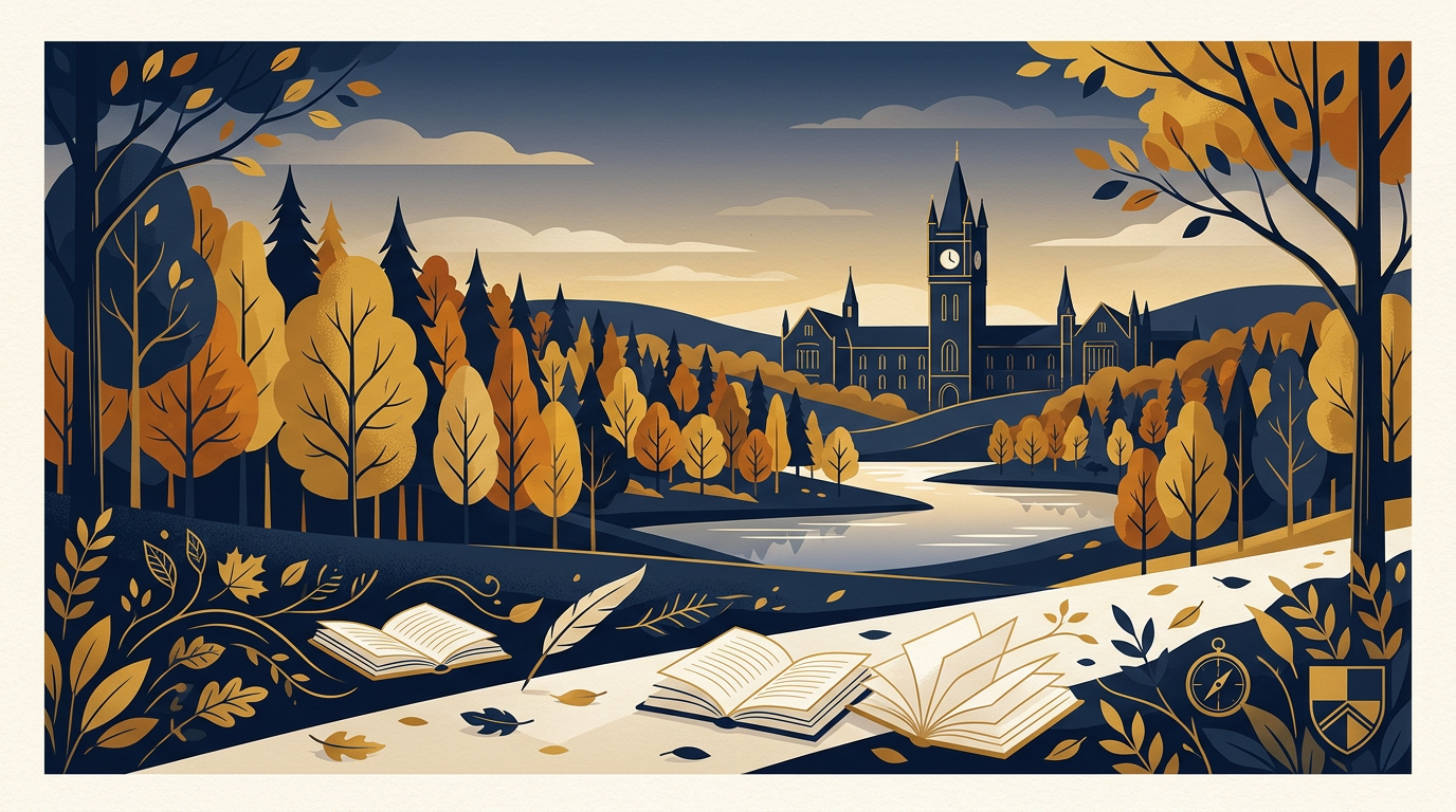 An artistic illustration depicting a calm, professional Canadian educational setting with deep navy and gold tones, featuring stylized academic elements and a distant campus outline.