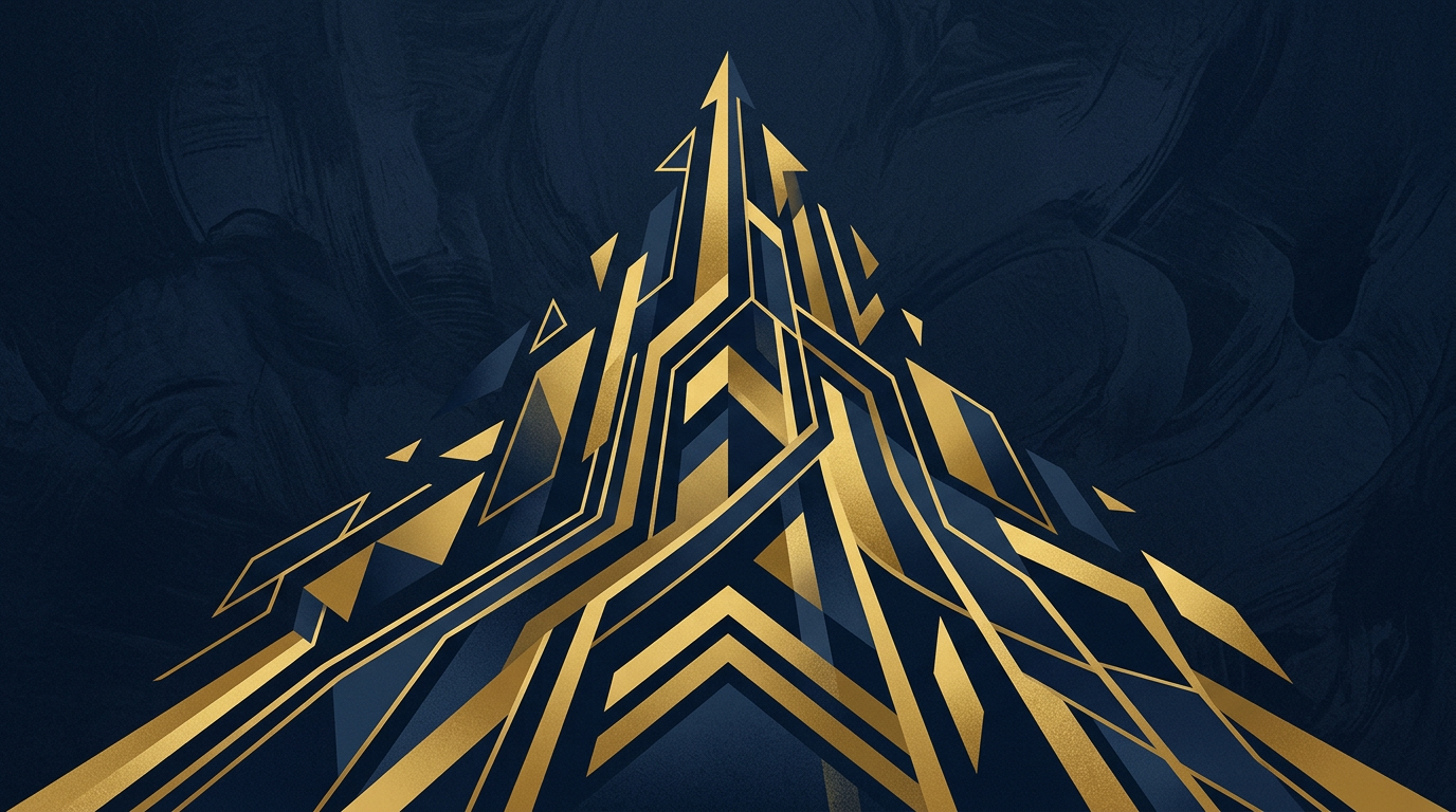 An abstract illustration in deep navy and gold, with upward-moving geometric lines representing immigration pathways and progress.