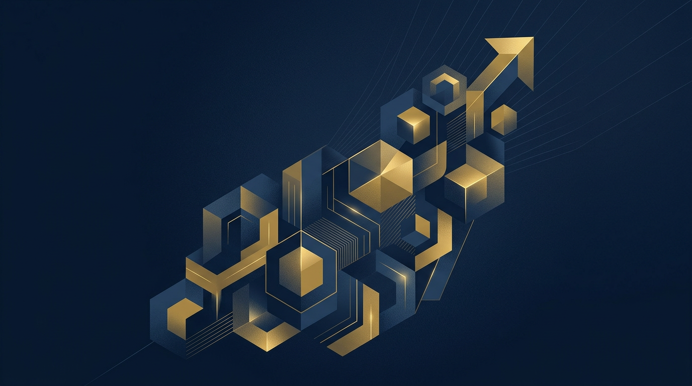 An abstract illustration with deep navy and gold geometric shapes connecting, symbolizing growth and community in Canadian Francophone immigration.