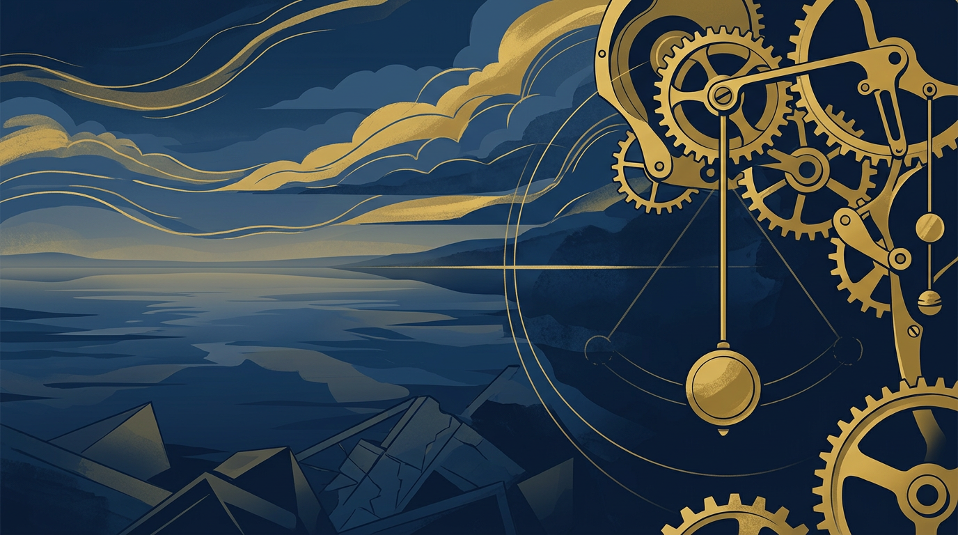 An abstract, professional illustration in deep navy and gold, showing a calm body of water reflecting a partially clouded sky, symbolizing a moment of pause and anticipation in immigration processes.