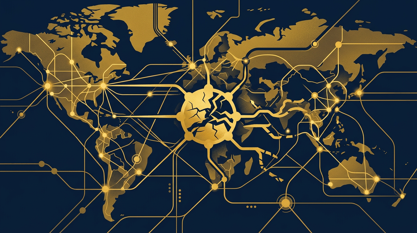 An abstract illustration in deep navy and gold, showing interconnected lines and nodes representing global trade, with one central point suggesting a change or disruption in flow, symbolizing new tariffs.