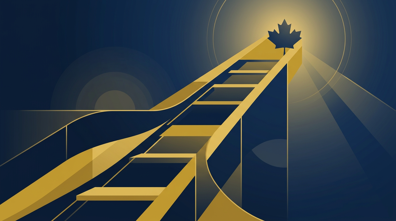 An abstract illustration in deep navy and gold showing upward-leading steps or a path towards a subtle Canadian maple leaf, symbolizing immigration progress.