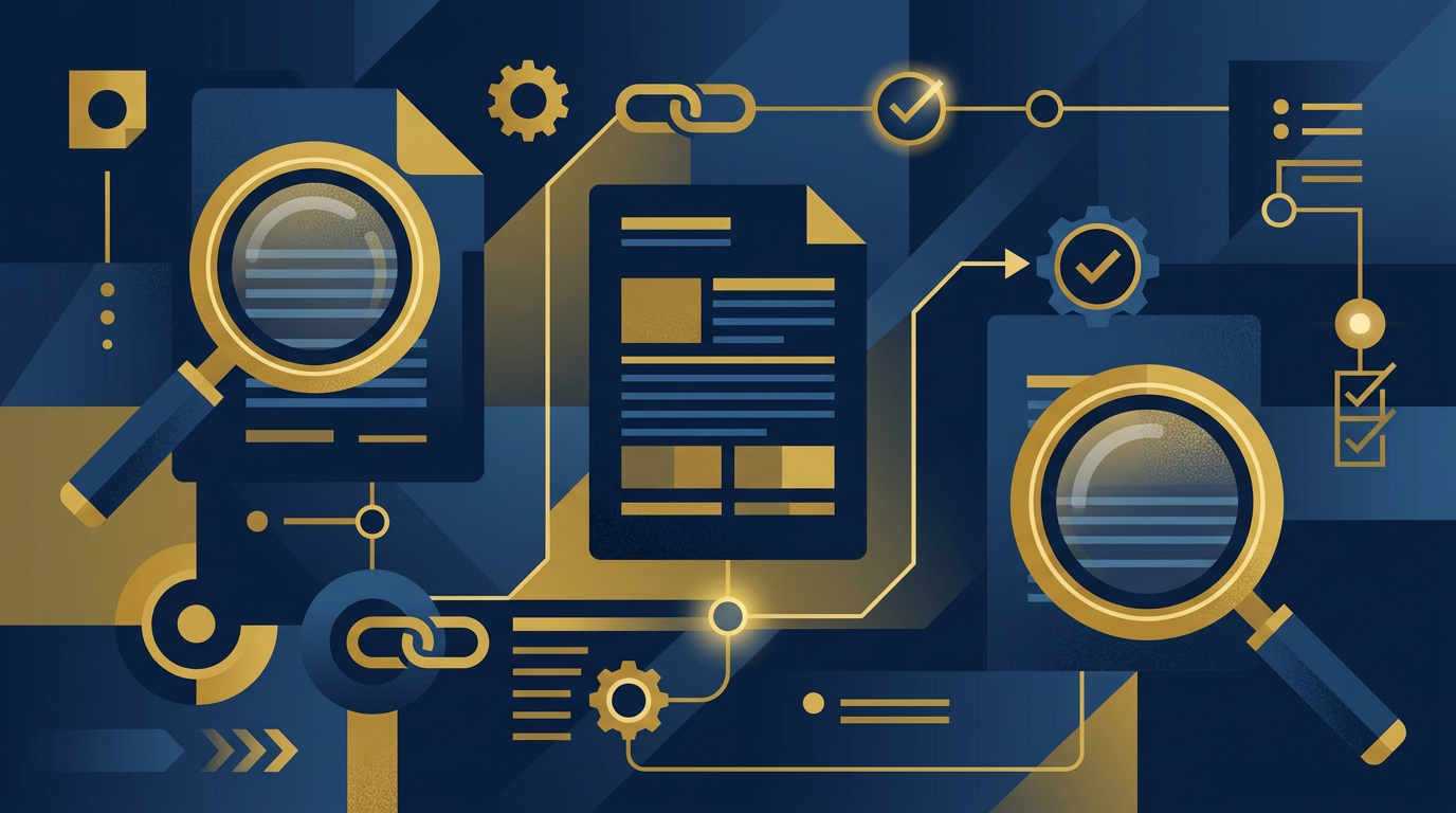An abstract illustration in deep navy and gold, featuring interconnected geometric shapes and a stylized magnifying glass over a document icon, symbolizing a careful review of official documents.