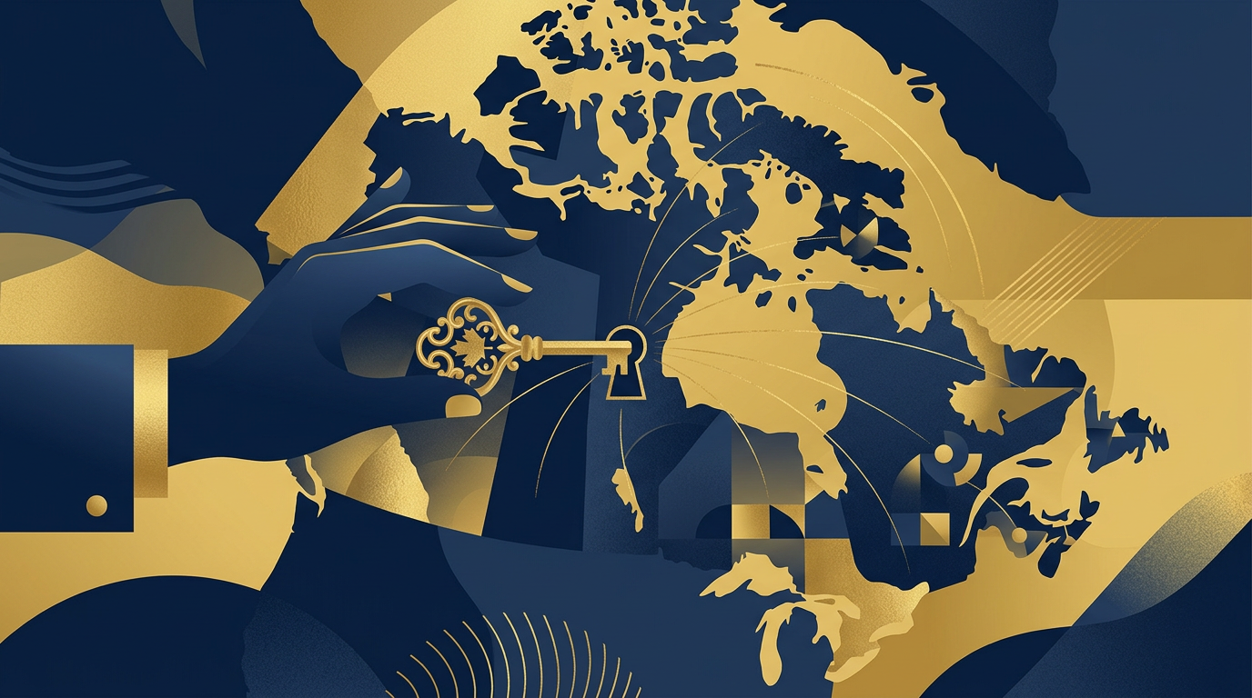 A deep navy and gold editorial illustration showing a hand gently inserting a golden key into a stylized map of Canada, with soft, golden light emanating from the provinces, symbolizing pathways and opportunities through provincial nomination.