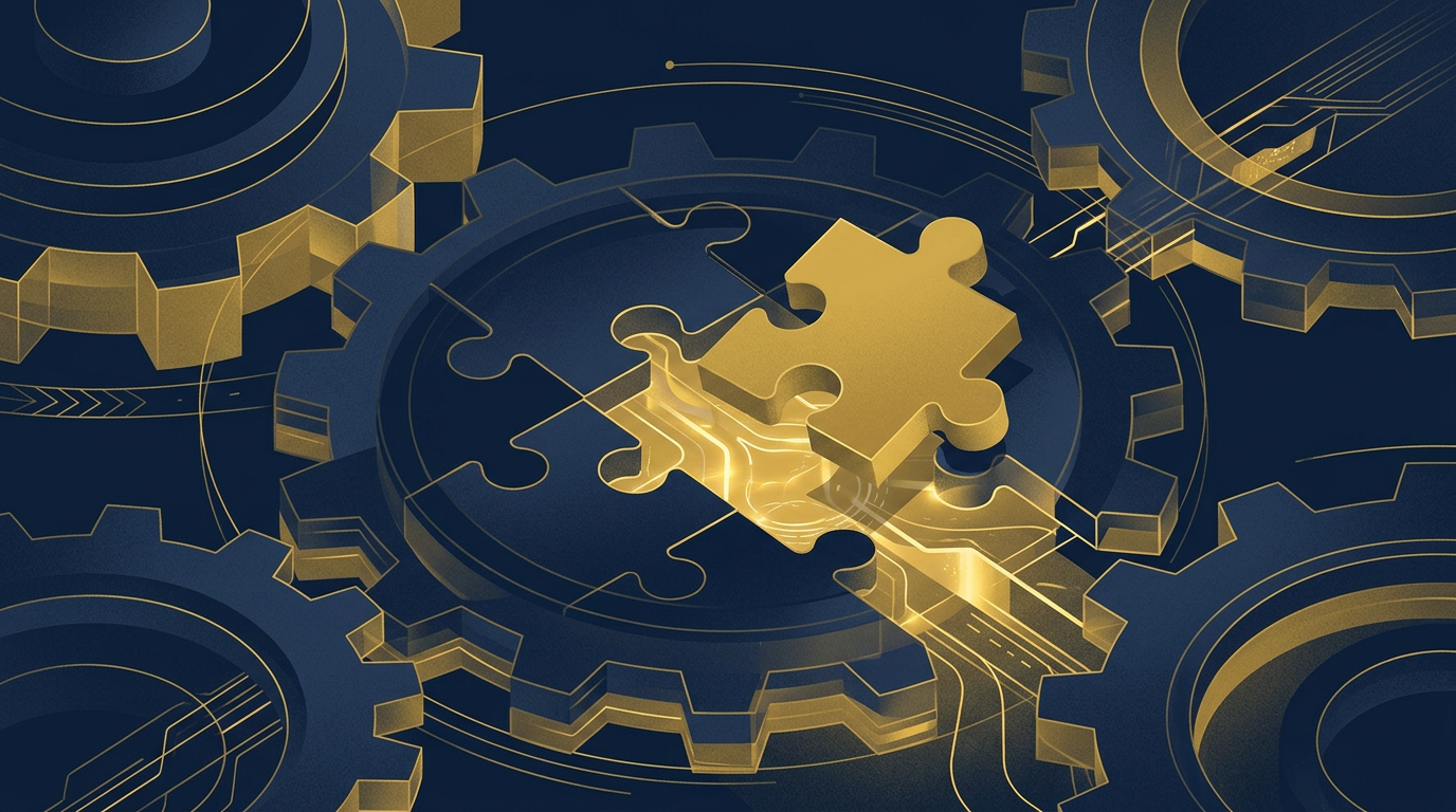 An abstract illustration depicting interlocking gears in deep navy and gold, with one gear subtly moving, symbolizing systemic changes or reforms within an immigration framework.
