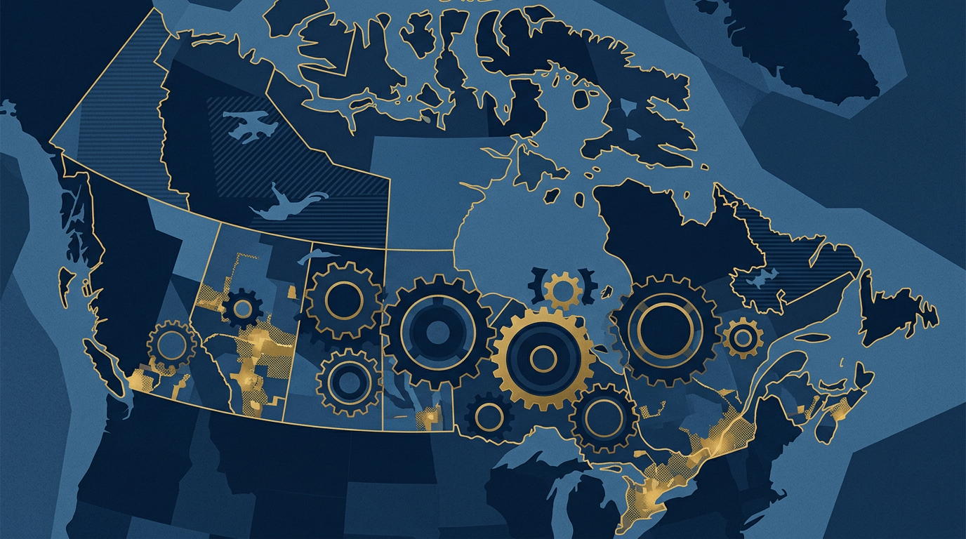 An abstract, stylized map of Canada with certain urban zones subtly highlighted, overlaid with interlocking gear shapes in deep navy and gold, symbolizing changes in labor market policy.
