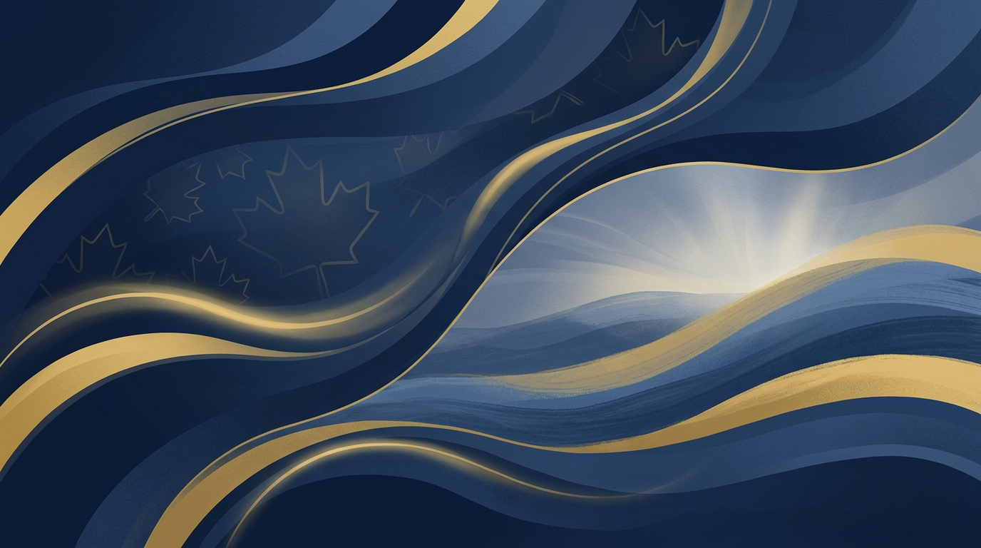 An abstract illustration with flowing gold lines on a deep navy background, suggesting financial movement and support, with a subtle Canadian motif.