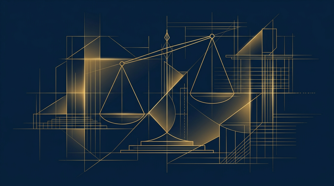 Editorial illustration in navy blue and gold featuring abstract geometric scales symbolizing immigration assessment criteria.