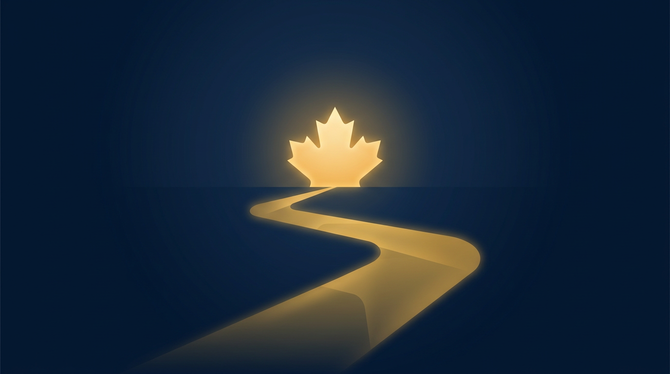 Abstract illustration of a golden pathway leading towards a glowing maple leaf on a deep navy background, symbolizing opportunity and immigration to Canada.