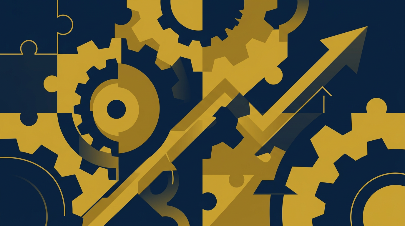 An abstract illustration with deep navy and gold interlocking gears, signifying policy changes in Canadian immigration, with an upward arrow representing progress.