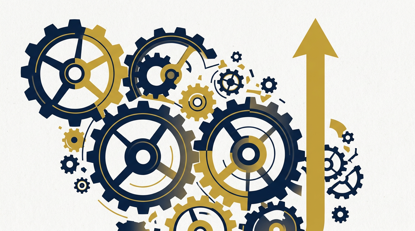 An abstract illustration in deep navy and gold showing interconnected gears, some appearing to slow down, with a golden arrow pointing upwards, symbolizing strategic navigation through economic changes.