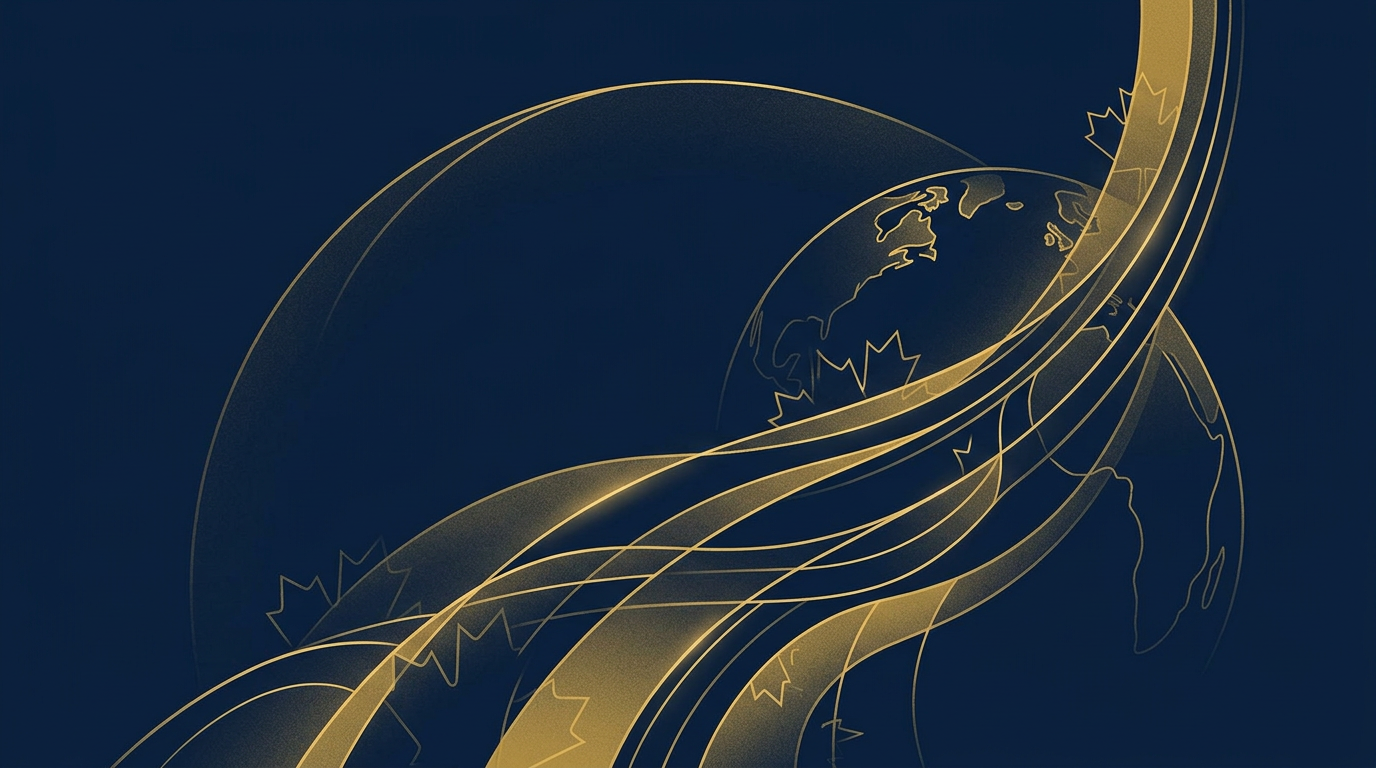 Abstract illustration in deep navy and gold showing converging lines and subtle upward movement, representing immigration pathways and opportunity in Canada.