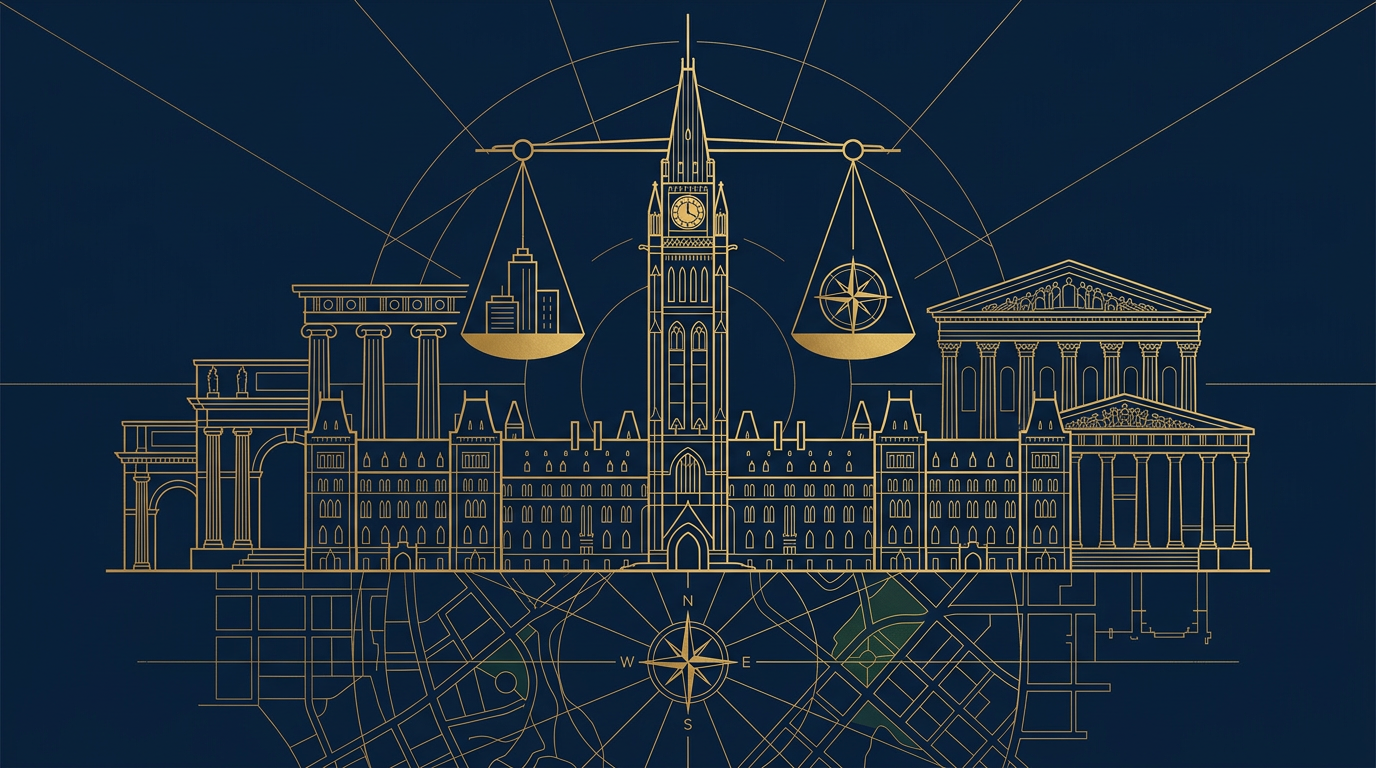 Editorial illustration with deep navy and gold tones depicting Canadian institutional architecture, drafting blueprints, and balance scales representing policy planning.