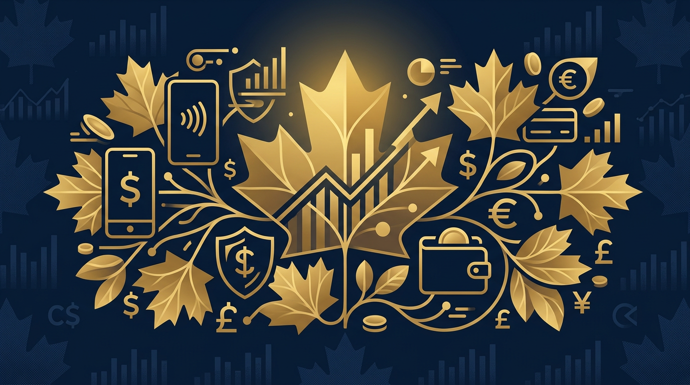 An illustration showing digital payment icons and currency symbols intertwined with Canadian maple leaves, all in shades of deep navy and gold, symbolizing financial literacy for newcomers.