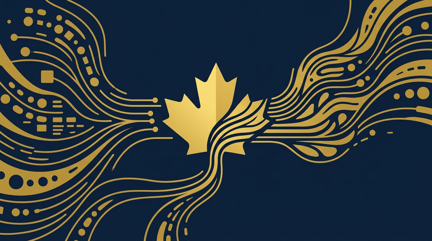 An abstract illustration in deep navy and gold showing converging lines and shapes pointing towards a simplified maple leaf, representing strategic immigration pathways.