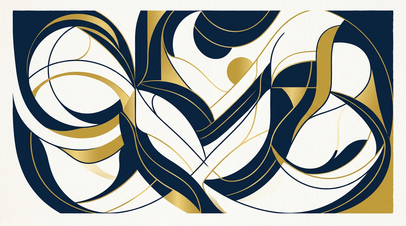 Abstract illustration in deep navy and gold, representing legal protection and community unity.