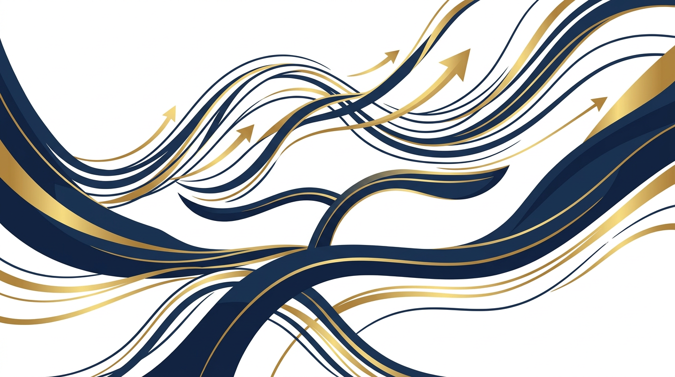 An abstract illustration depicting financial stability and adjustment. Golden lines flow upwards and curve gently against a deep navy background, suggesting income growth and threshold changes. A subtle, balanced geometric element represents equity or equilibrium.