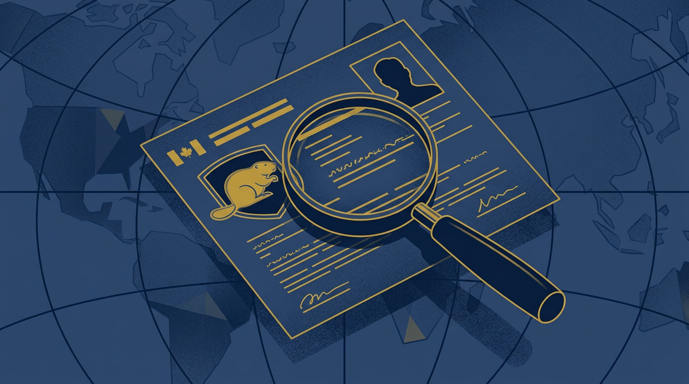 An illustration in deep navy and gold showing a magnifying glass examining a Canadian study permit document. The background features abstract global lines, conveying an idea of international scrutiny.