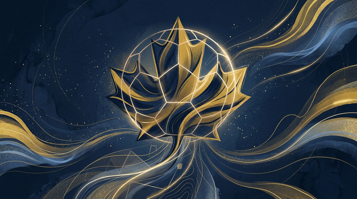 An artistic rendition of a Canadian maple leaf intertwined with the subtle silhouette of a soccer ball, against a backdrop of deep navy and gold, symbolizing Canada hosting a major global event.